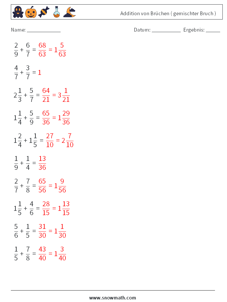 (10) Addition von Brüchen ( gemischter Bruch ) Mathe-Arbeitsblätter 1 Frage, Antwort