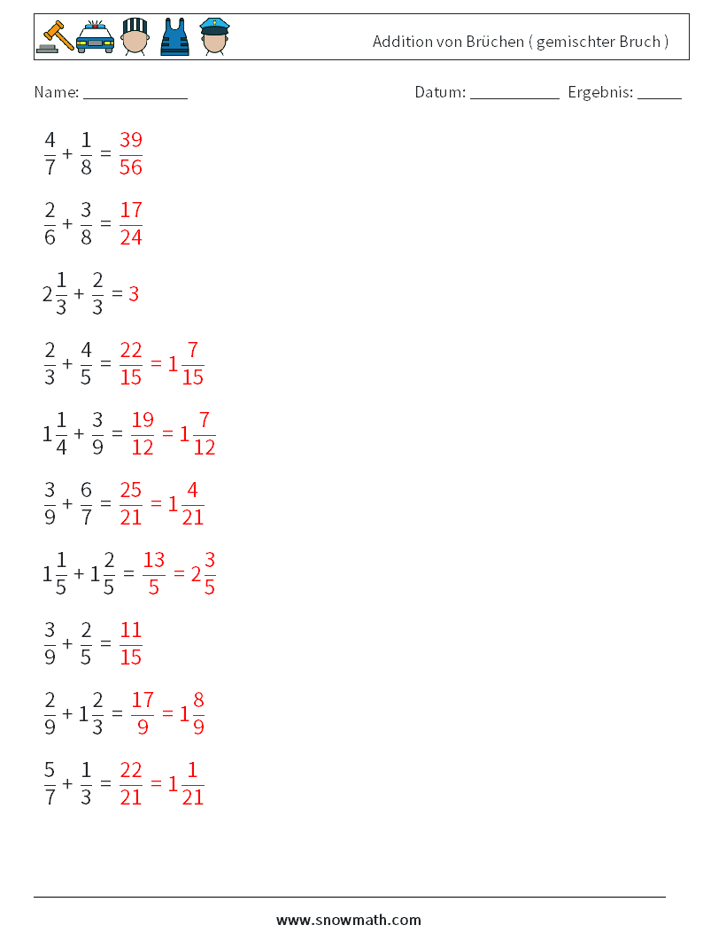 (10) Addition von Brüchen ( gemischter Bruch ) Mathe-Arbeitsblätter 2 Frage, Antwort
