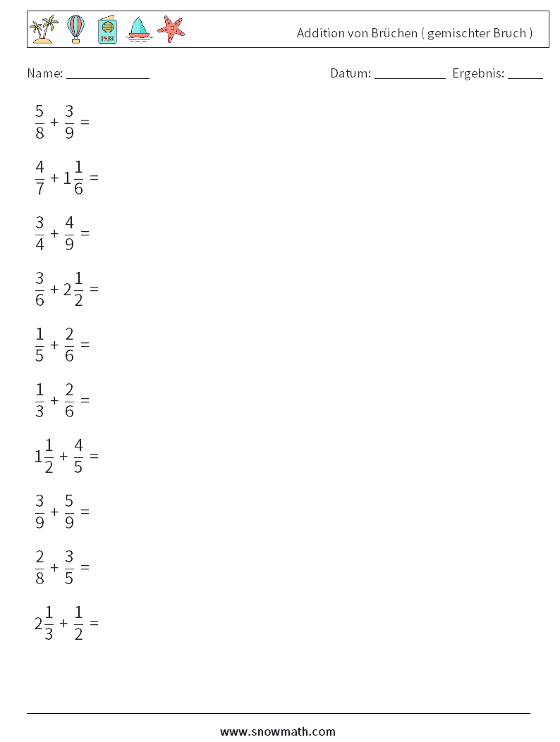 (10) Addition von Brüchen ( gemischter Bruch ) Mathe-Arbeitsblätter 3