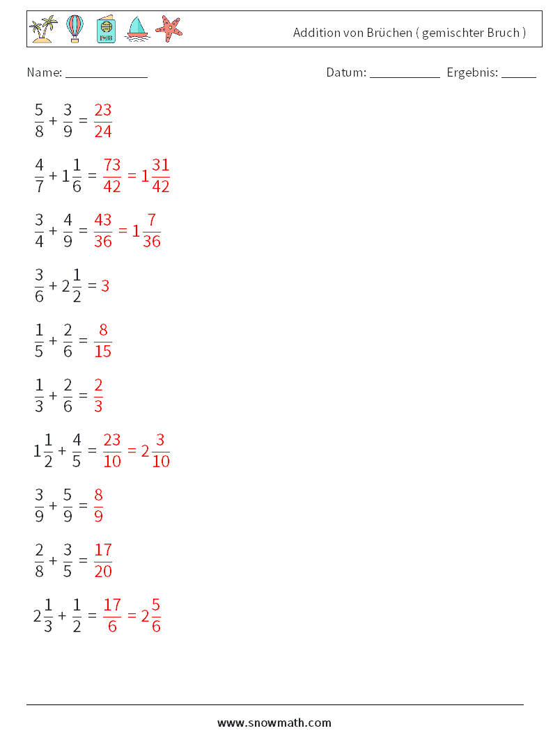 (10) Addition von Brüchen ( gemischter Bruch ) Mathe-Arbeitsblätter 3 Frage, Antwort