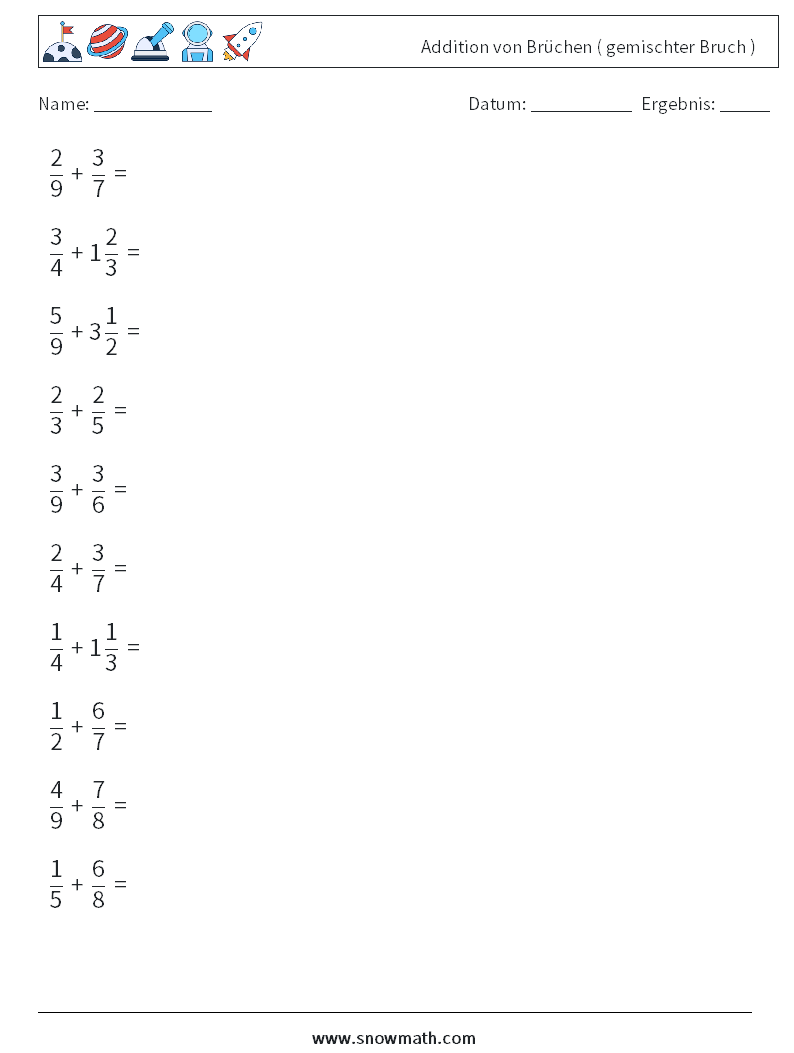 (10) Addition von Brüchen ( gemischter Bruch ) Mathe-Arbeitsblätter 4