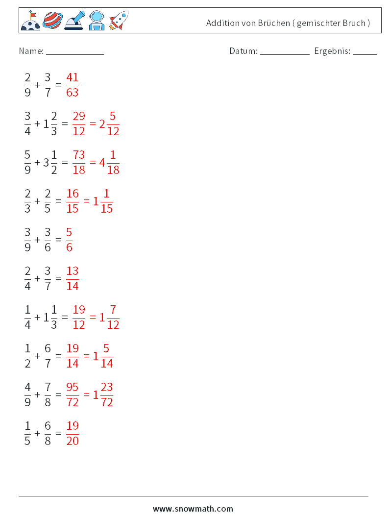 (10) Addition von Brüchen ( gemischter Bruch ) Mathe-Arbeitsblätter 4 Frage, Antwort