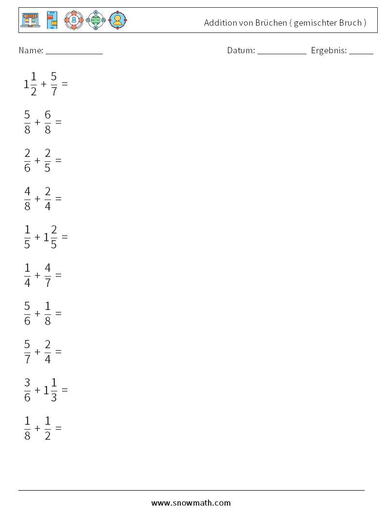 (10) Addition von Brüchen ( gemischter Bruch ) Mathe-Arbeitsblätter 5