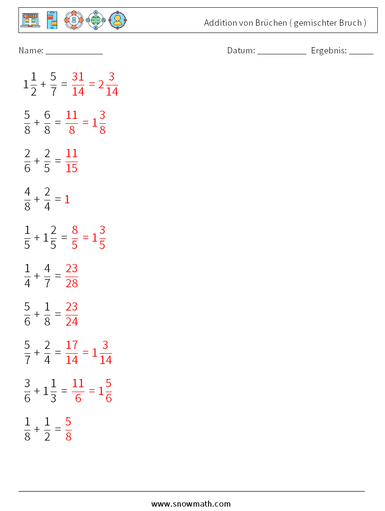 (10) Addition von Brüchen ( gemischter Bruch ) Mathe-Arbeitsblätter 5 Frage, Antwort