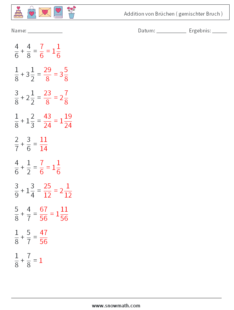 (10) Addition von Brüchen ( gemischter Bruch ) Mathe-Arbeitsblätter 6 Frage, Antwort