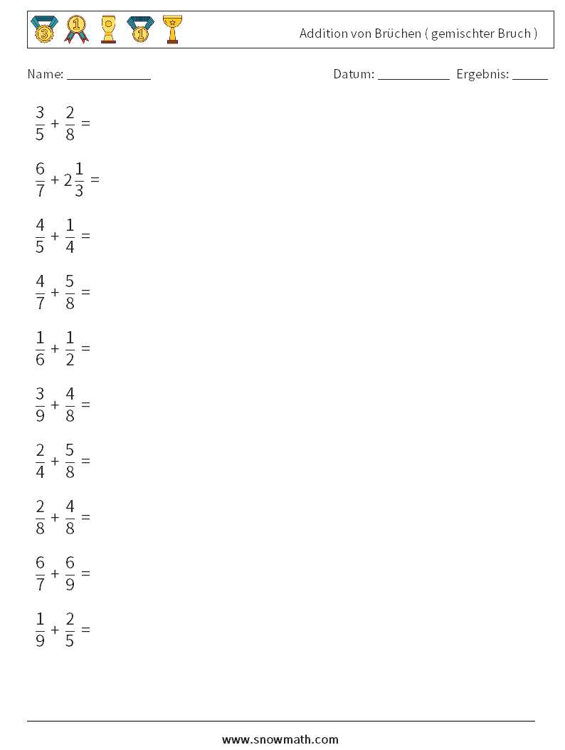 (10) Addition von Brüchen ( gemischter Bruch ) Mathe-Arbeitsblätter 7