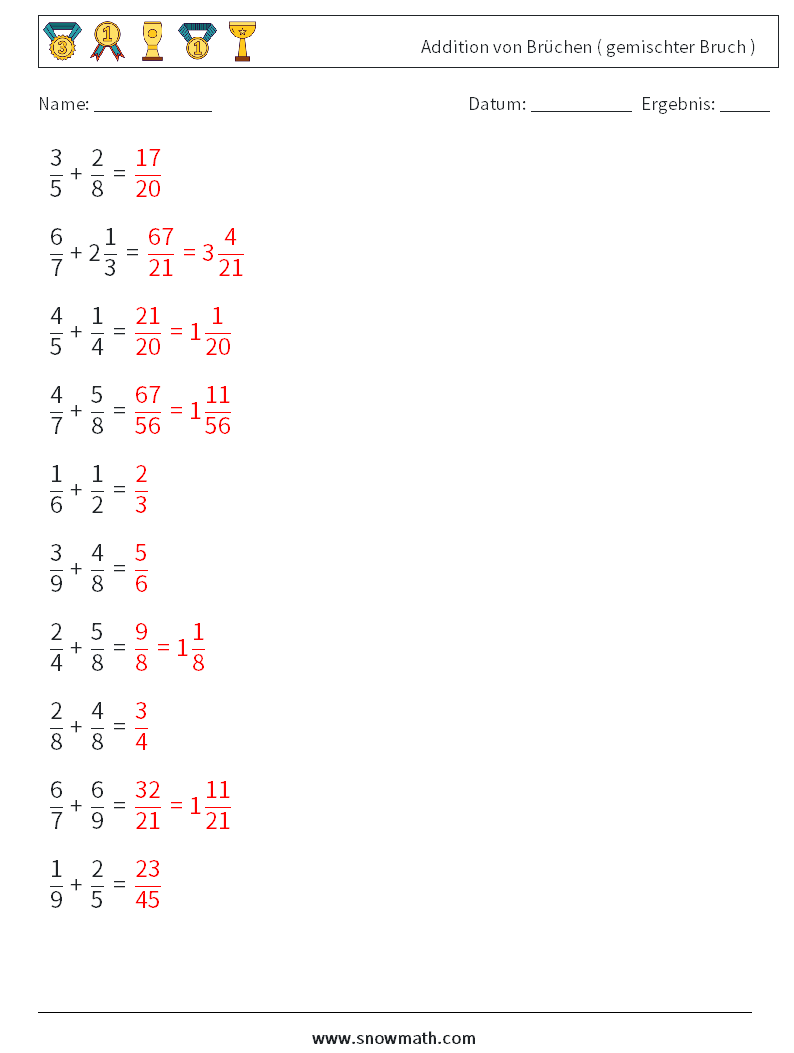 (10) Addition von Brüchen ( gemischter Bruch ) Mathe-Arbeitsblätter 7 Frage, Antwort