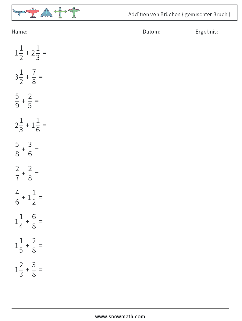 (10) Addition von Brüchen ( gemischter Bruch ) Mathe-Arbeitsblätter 8