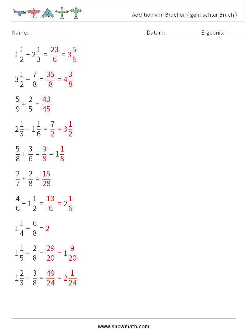 (10) Addition von Brüchen ( gemischter Bruch ) Mathe-Arbeitsblätter 8 Frage, Antwort