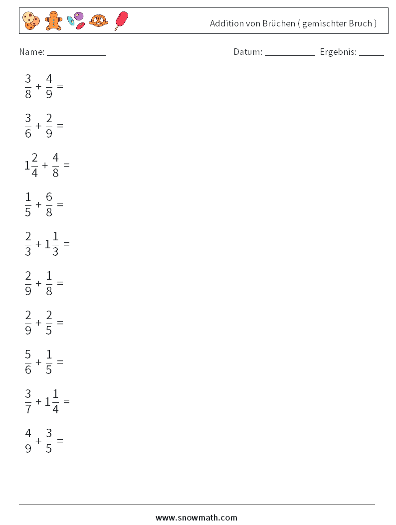 (10) Addition von Brüchen ( gemischter Bruch ) Mathe-Arbeitsblätter 9