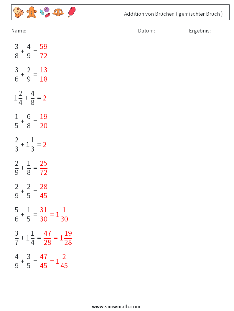 (10) Addition von Brüchen ( gemischter Bruch ) Mathe-Arbeitsblätter 9 Frage, Antwort