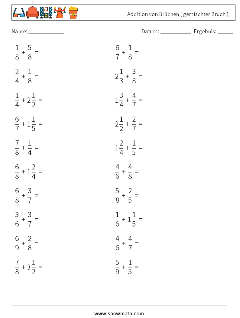 (20) Addition von Brüchen ( gemischter Bruch ) Mathe-Arbeitsblätter 1