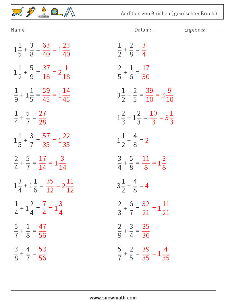 (20) Addition von Brüchen ( gemischter Bruch ) Mathe-Arbeitsblätter 14 Frage, Antwort