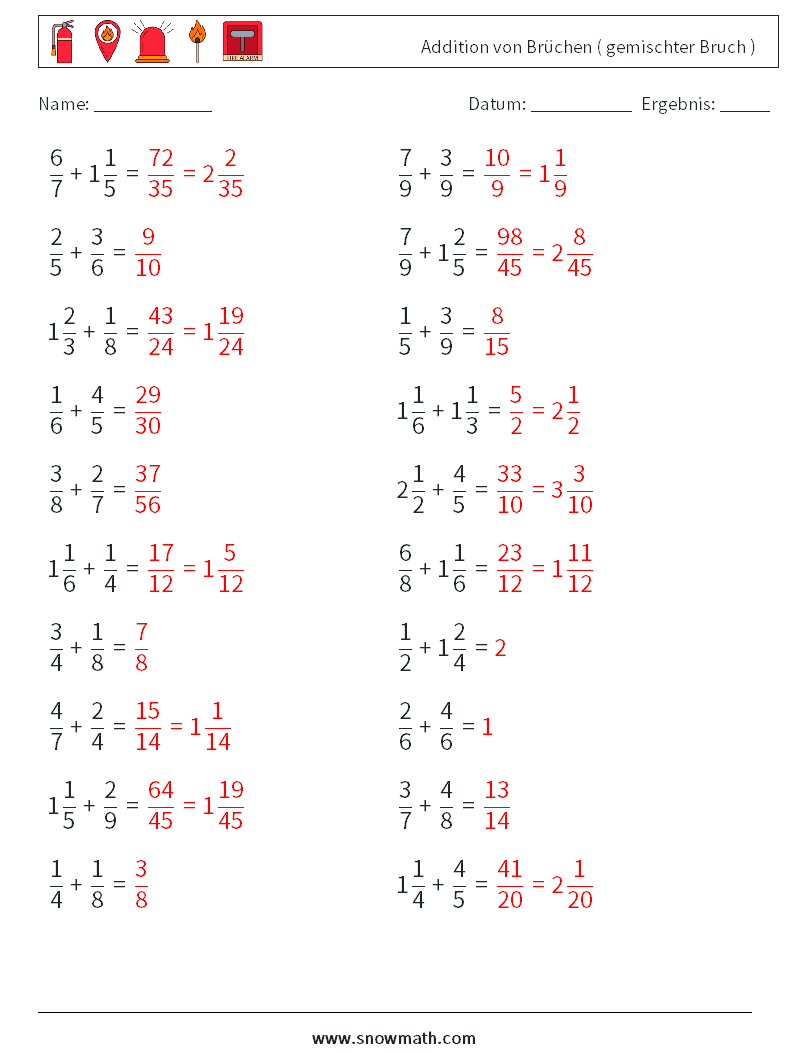 (20) Addition von Brüchen ( gemischter Bruch ) Mathe-Arbeitsblätter 15 Frage, Antwort