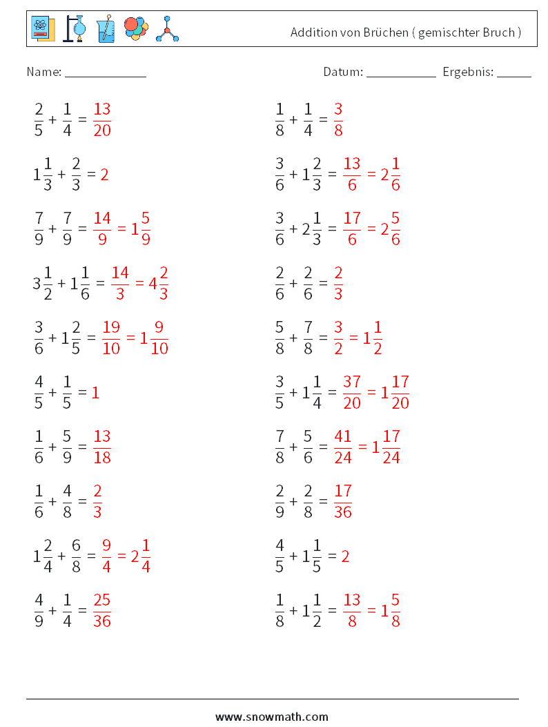 (20) Addition von Brüchen ( gemischter Bruch ) Mathe-Arbeitsblätter 16 Frage, Antwort