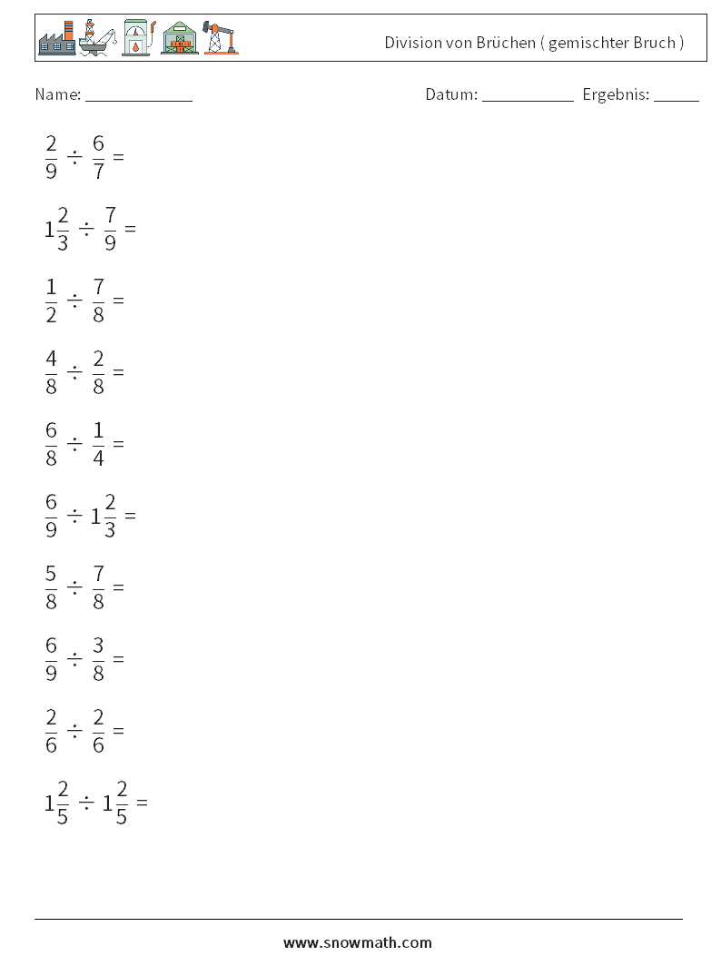 (10) Division von Brüchen ( gemischter Bruch ) Mathe-Arbeitsblätter 1