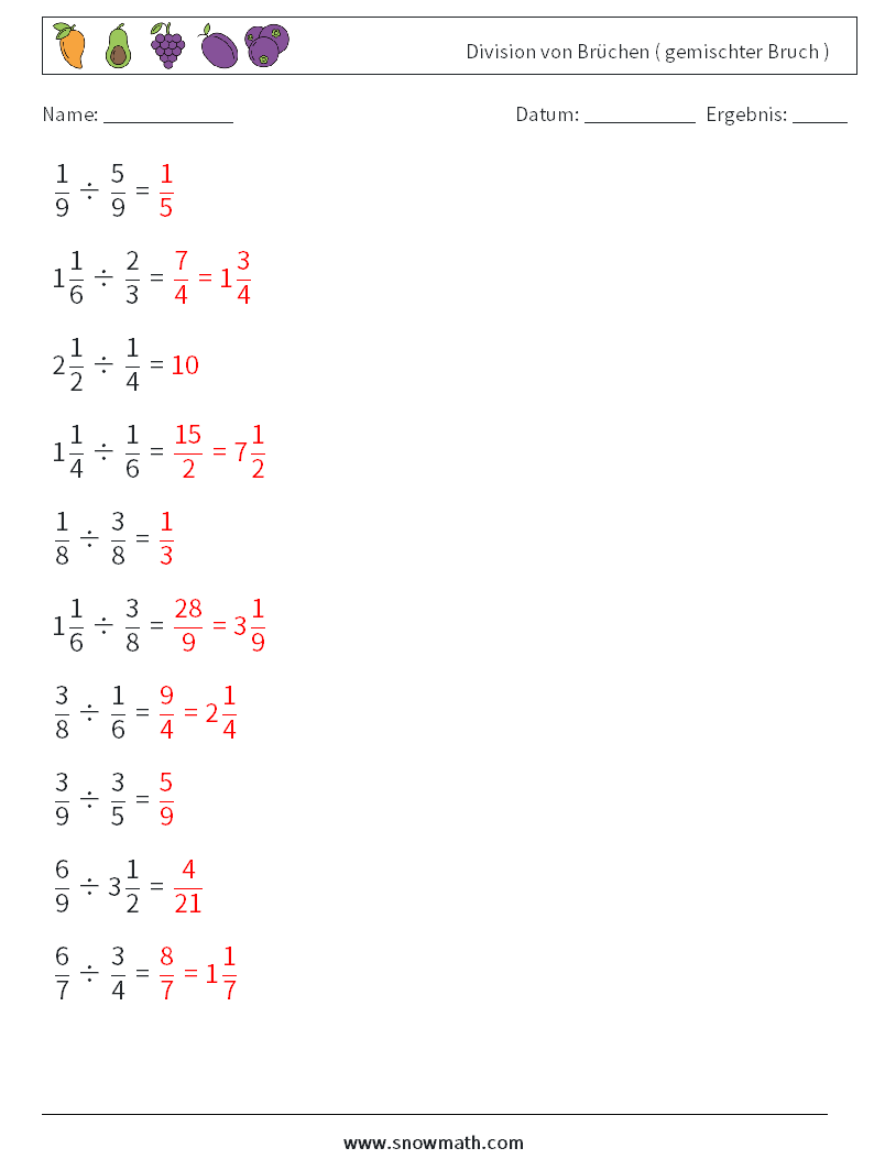 (10) Division von Brüchen ( gemischter Bruch ) Mathe-Arbeitsblätter 10 Frage, Antwort