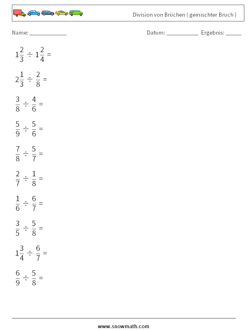 (10) Division von Brüchen ( gemischter Bruch ) Mathe-Arbeitsblätter 11