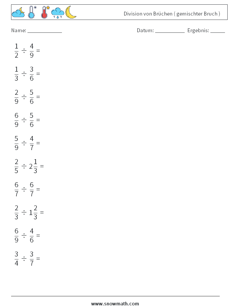 (10) Division von Brüchen ( gemischter Bruch ) Mathe-Arbeitsblätter 12