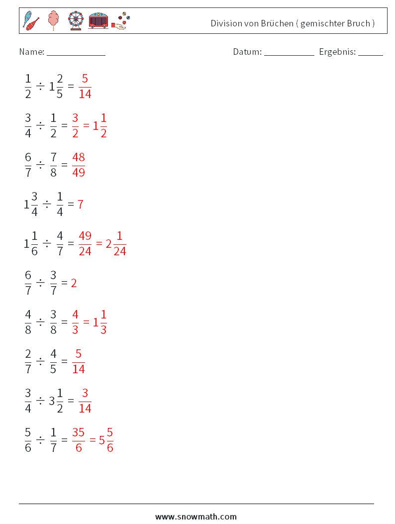 (10) Division von Brüchen ( gemischter Bruch ) Mathe-Arbeitsblätter 13 Frage, Antwort