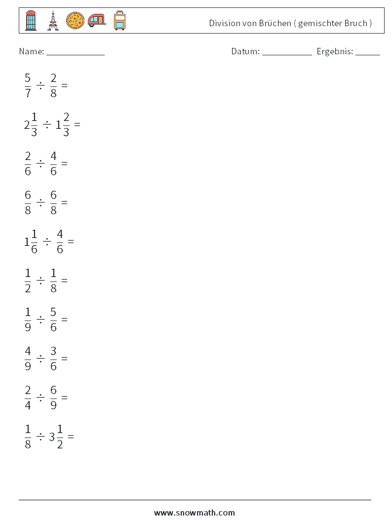 (10) Division von Brüchen ( gemischter Bruch ) Mathe-Arbeitsblätter 14