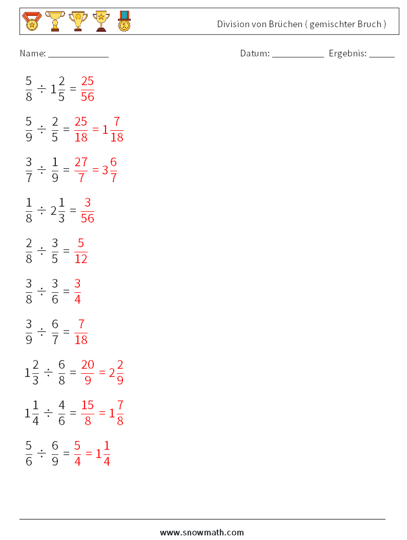 (10) Division von Brüchen ( gemischter Bruch ) Mathe-Arbeitsblätter 15 Frage, Antwort