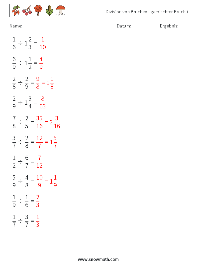 (10) Division von Brüchen ( gemischter Bruch ) Mathe-Arbeitsblätter 16 Frage, Antwort