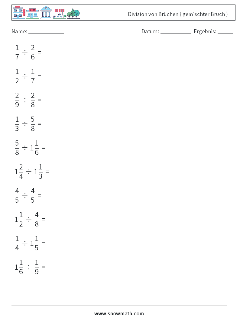 (10) Division von Brüchen ( gemischter Bruch ) Mathe-Arbeitsblätter 17