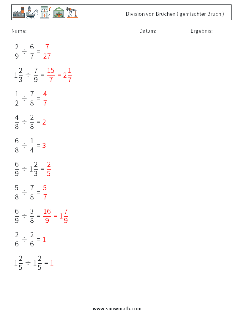 (10) Division von Brüchen ( gemischter Bruch ) Mathe-Arbeitsblätter 1 Frage, Antwort