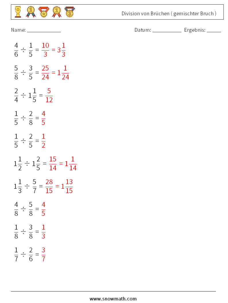 (10) Division von Brüchen ( gemischter Bruch ) Mathe-Arbeitsblätter 2 Frage, Antwort