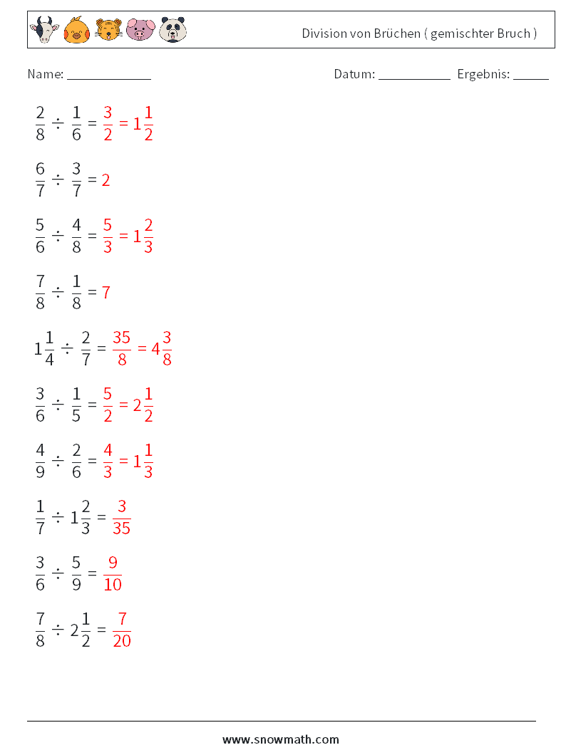 (10) Division von Brüchen ( gemischter Bruch ) Mathe-Arbeitsblätter 3 Frage, Antwort