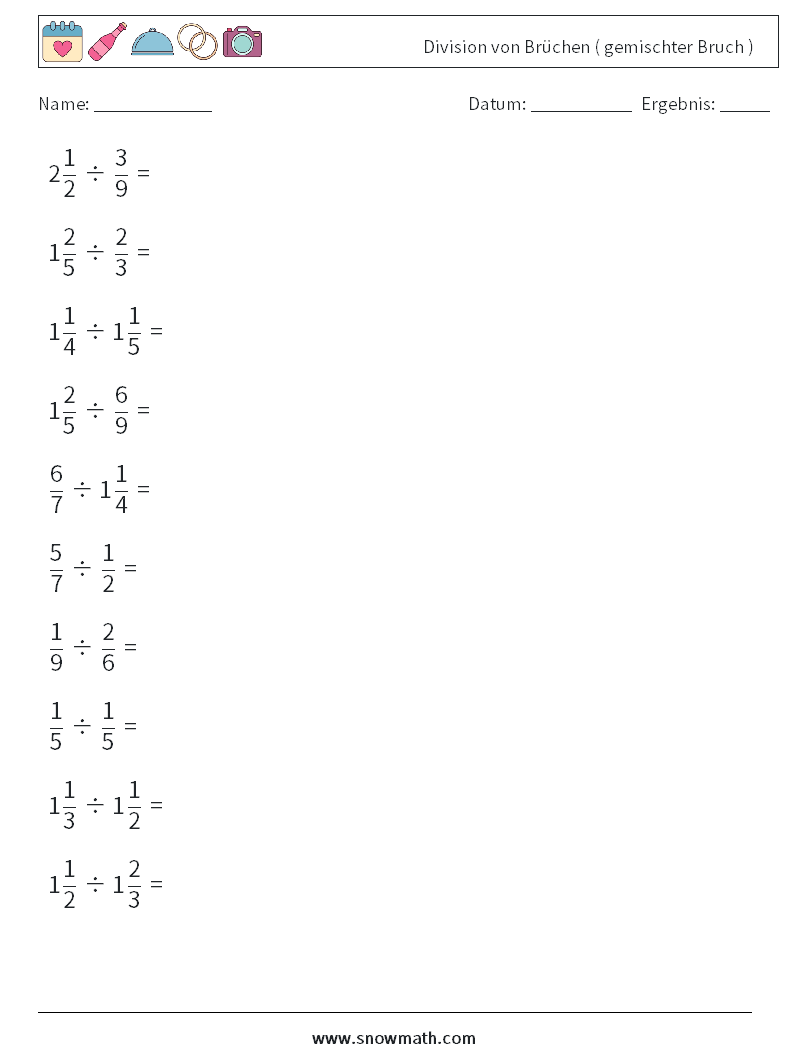 (10) Division von Brüchen ( gemischter Bruch ) Mathe-Arbeitsblätter 4