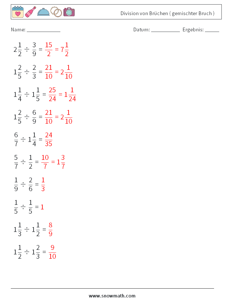 (10) Division von Brüchen ( gemischter Bruch ) Mathe-Arbeitsblätter 4 Frage, Antwort