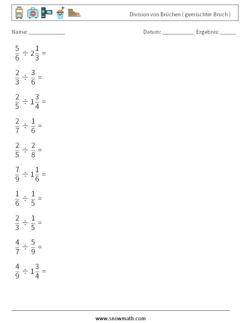 (10) Division von Brüchen ( gemischter Bruch ) Mathe-Arbeitsblätter 5