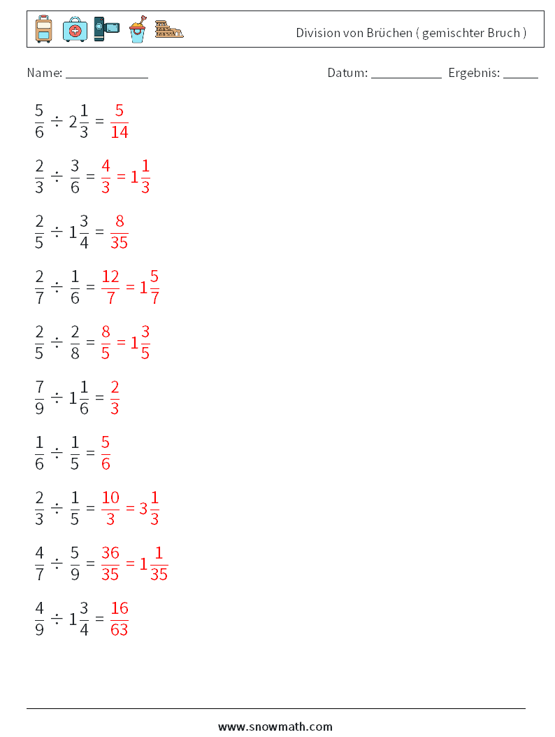 (10) Division von Brüchen ( gemischter Bruch ) Mathe-Arbeitsblätter 5 Frage, Antwort