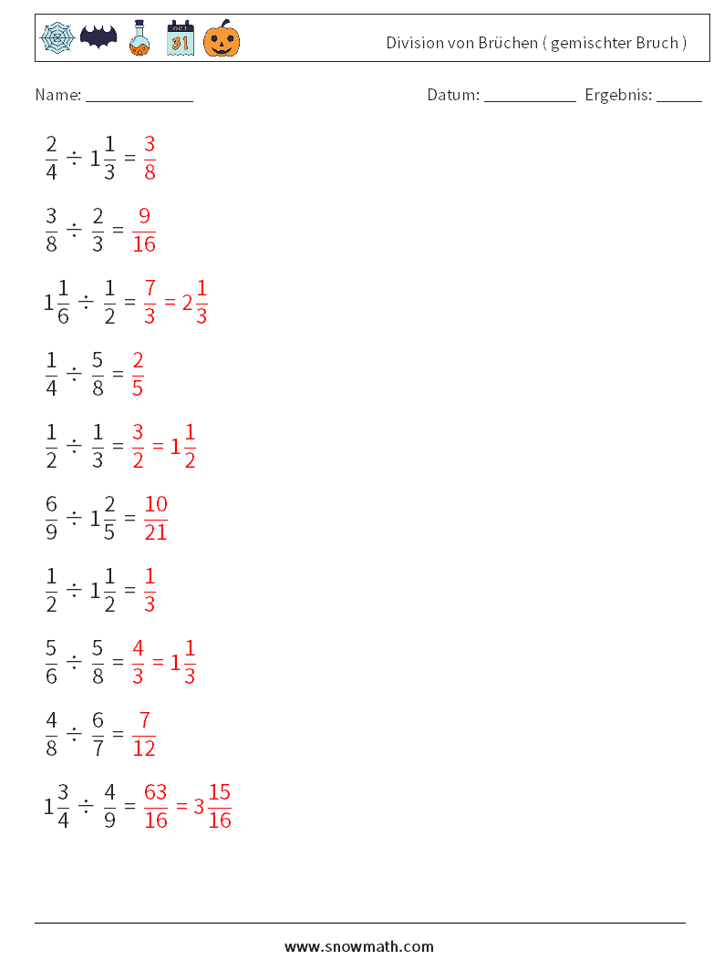 (10) Division von Brüchen ( gemischter Bruch ) Mathe-Arbeitsblätter 6 Frage, Antwort