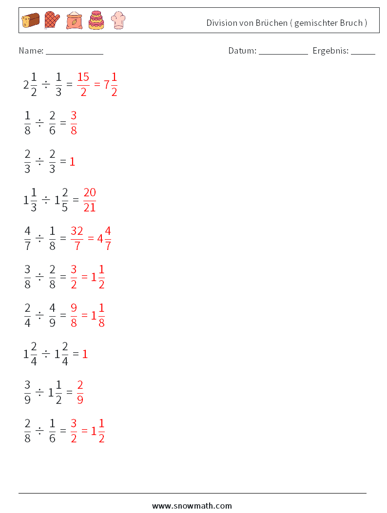 (10) Division von Brüchen ( gemischter Bruch ) Mathe-Arbeitsblätter 7 Frage, Antwort