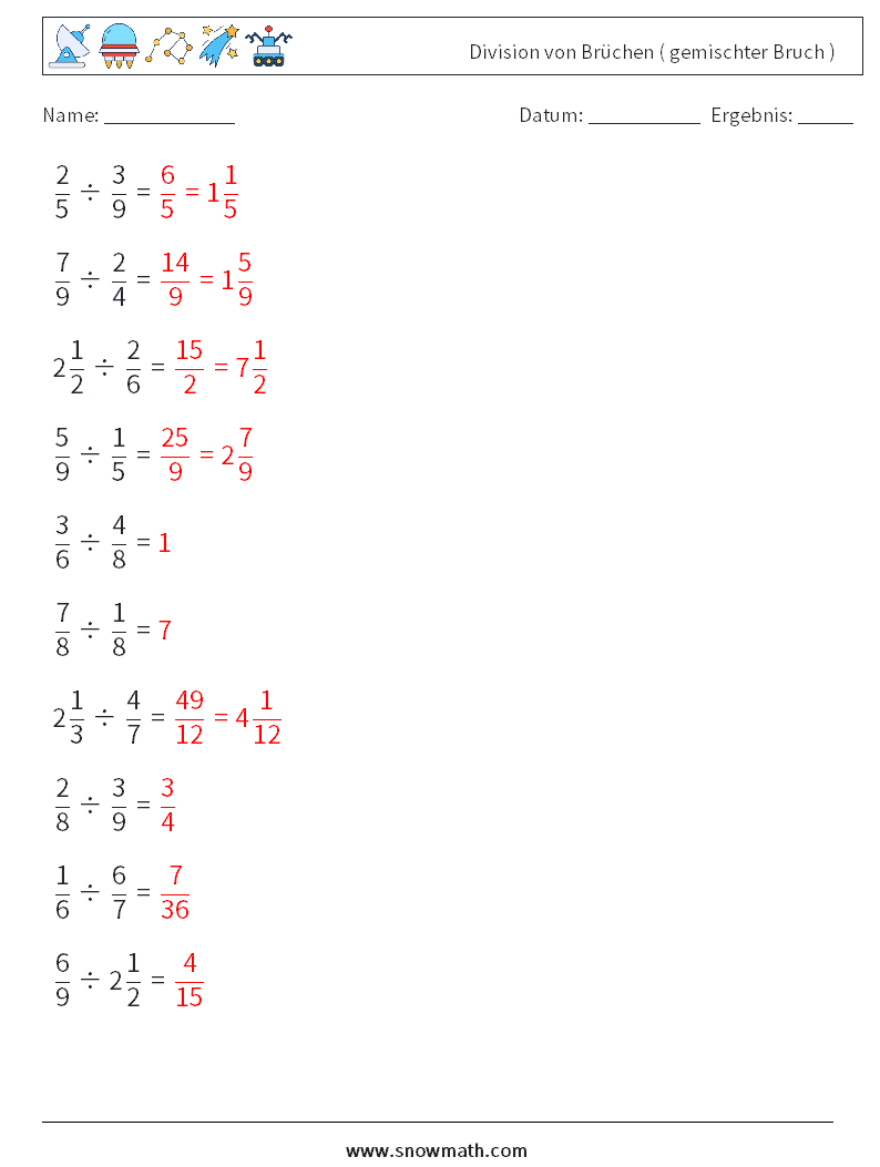 (10) Division von Brüchen ( gemischter Bruch ) Mathe-Arbeitsblätter 8 Frage, Antwort