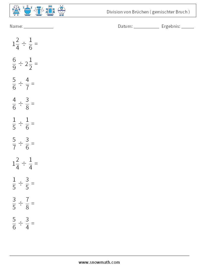 (10) Division von Brüchen ( gemischter Bruch ) Mathe-Arbeitsblätter 9