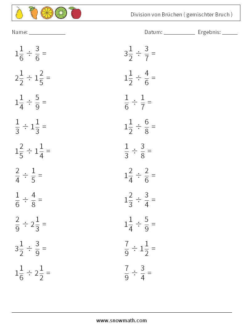 (20) Division von Brüchen ( gemischter Bruch ) Mathe-Arbeitsblätter 1