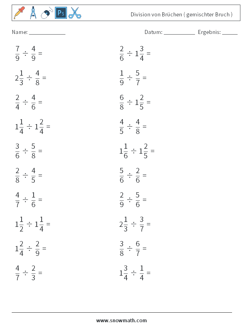 (20) Division von Brüchen ( gemischter Bruch ) Mathe-Arbeitsblätter 10