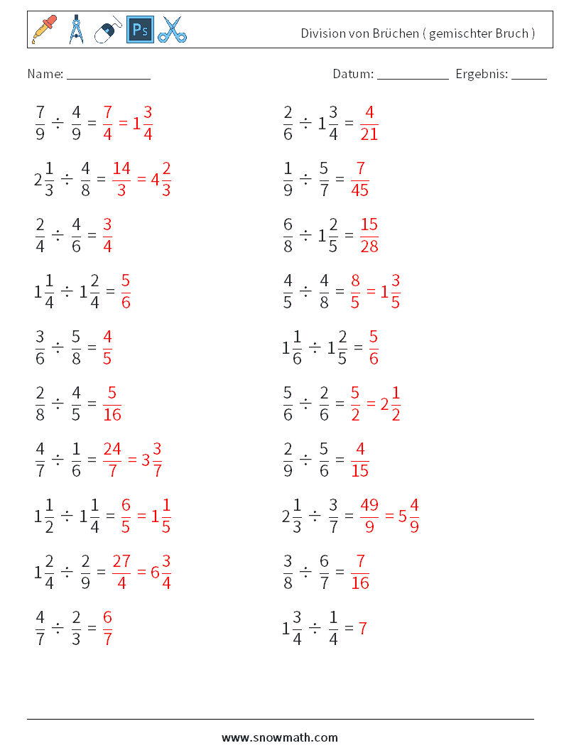 (20) Division von Brüchen ( gemischter Bruch ) Mathe-Arbeitsblätter 10 Frage, Antwort