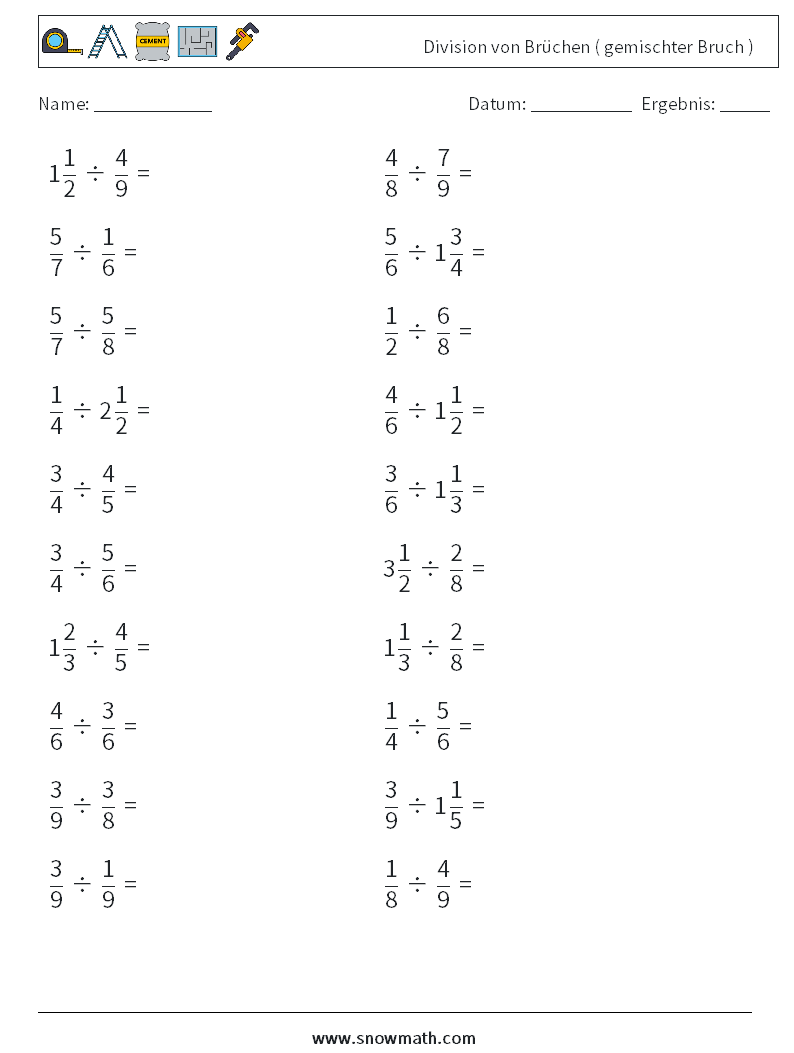 (20) Division von Brüchen ( gemischter Bruch ) Mathe-Arbeitsblätter 11