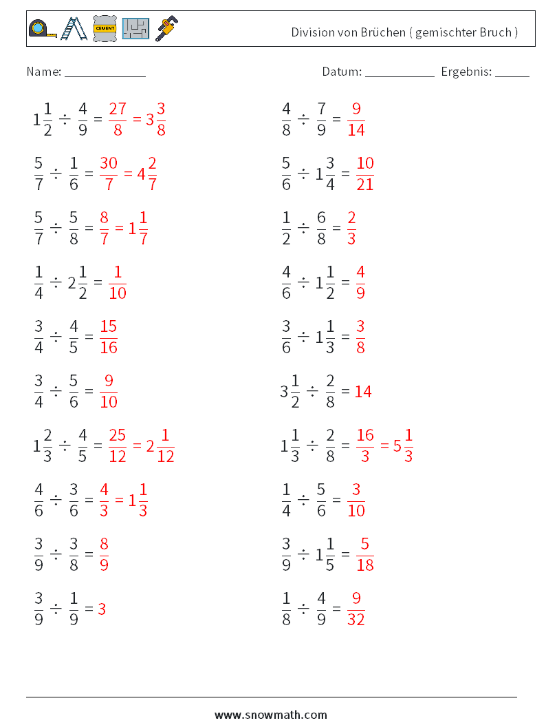 (20) Division von Brüchen ( gemischter Bruch ) Mathe-Arbeitsblätter 11 Frage, Antwort