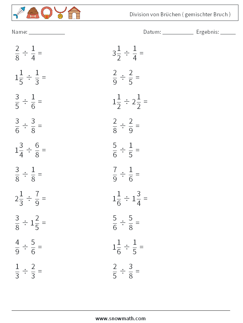 (20) Division von Brüchen ( gemischter Bruch ) Mathe-Arbeitsblätter 12