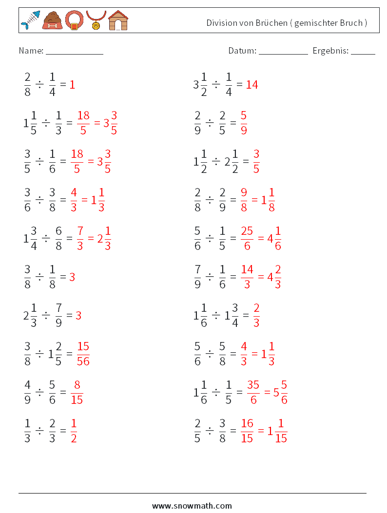 (20) Division von Brüchen ( gemischter Bruch ) Mathe-Arbeitsblätter 12 Frage, Antwort