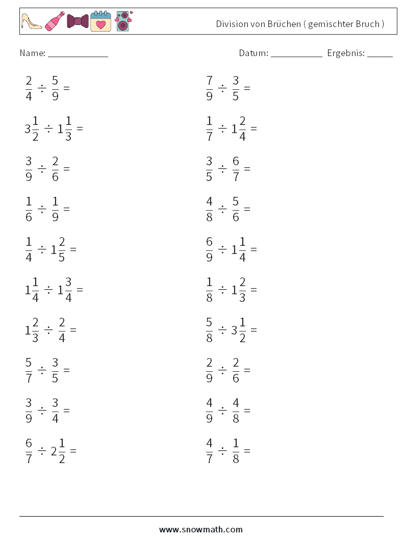 (20) Division von Brüchen ( gemischter Bruch ) Mathe-Arbeitsblätter 13