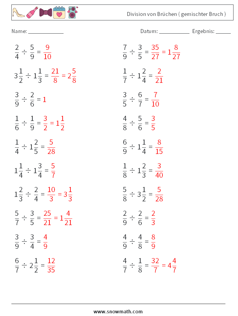 (20) Division von Brüchen ( gemischter Bruch ) Mathe-Arbeitsblätter 13 Frage, Antwort