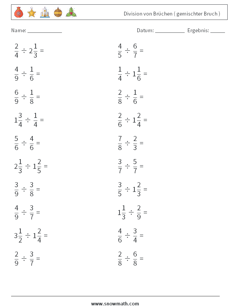 (20) Division von Brüchen ( gemischter Bruch ) Mathe-Arbeitsblätter 14