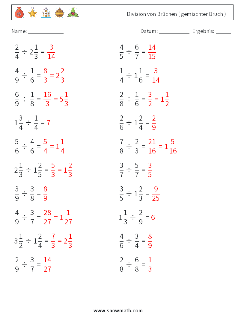 (20) Division von Brüchen ( gemischter Bruch ) Mathe-Arbeitsblätter 14 Frage, Antwort